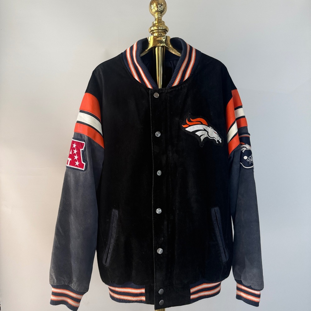 NFL Varsity Jacket Men XL Black Denver Broncos Leather Suede Embroidered 1023